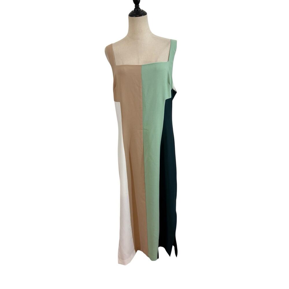 NWT Hutch For Anthropology Green Tan Color block Midi Dress Sz‎ 16 Square Neck